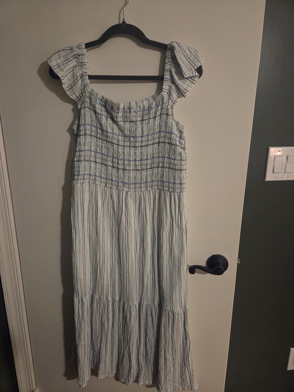 LOFT Blue and White Striped Smocked Midi Dress